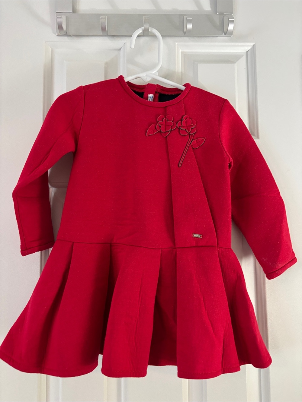 Mayoral Red Long-Sleeve Floral Appliqué Pleated Dress